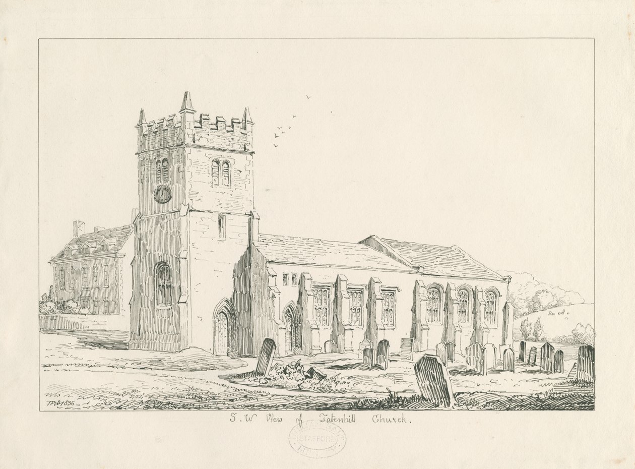 Tatenhill Church: ritning med penna och bläck av Thomas Peploe Wood