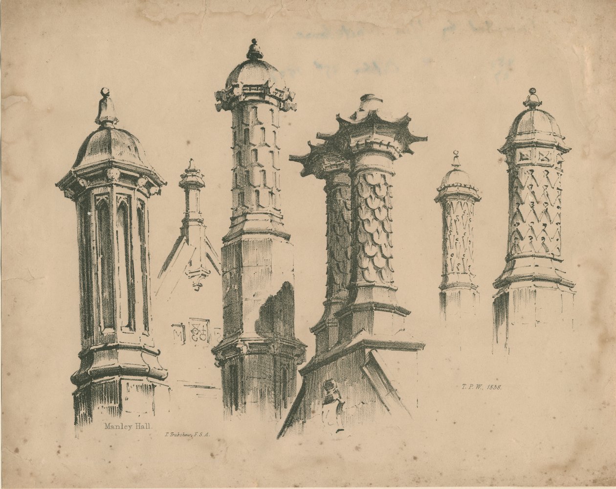 Thickbroom Hall ["Manley Hall"] - Finials och skorstenar: litografi, 1838 av Thomas Peploe Wood