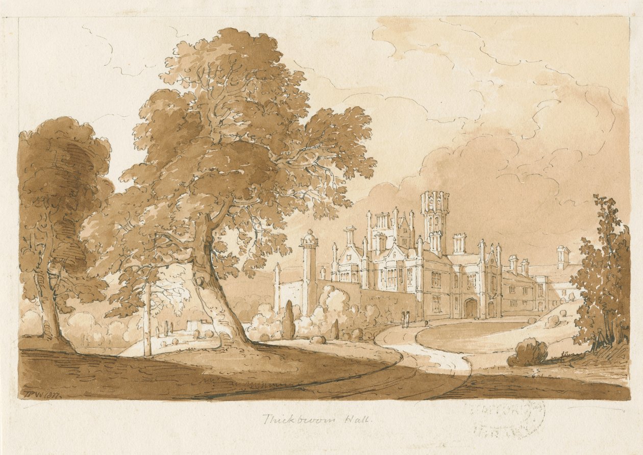 "Thickbroom Hall" [Manley Hall]: sepiatvättteckning, 1837 av Thomas Peploe Wood
