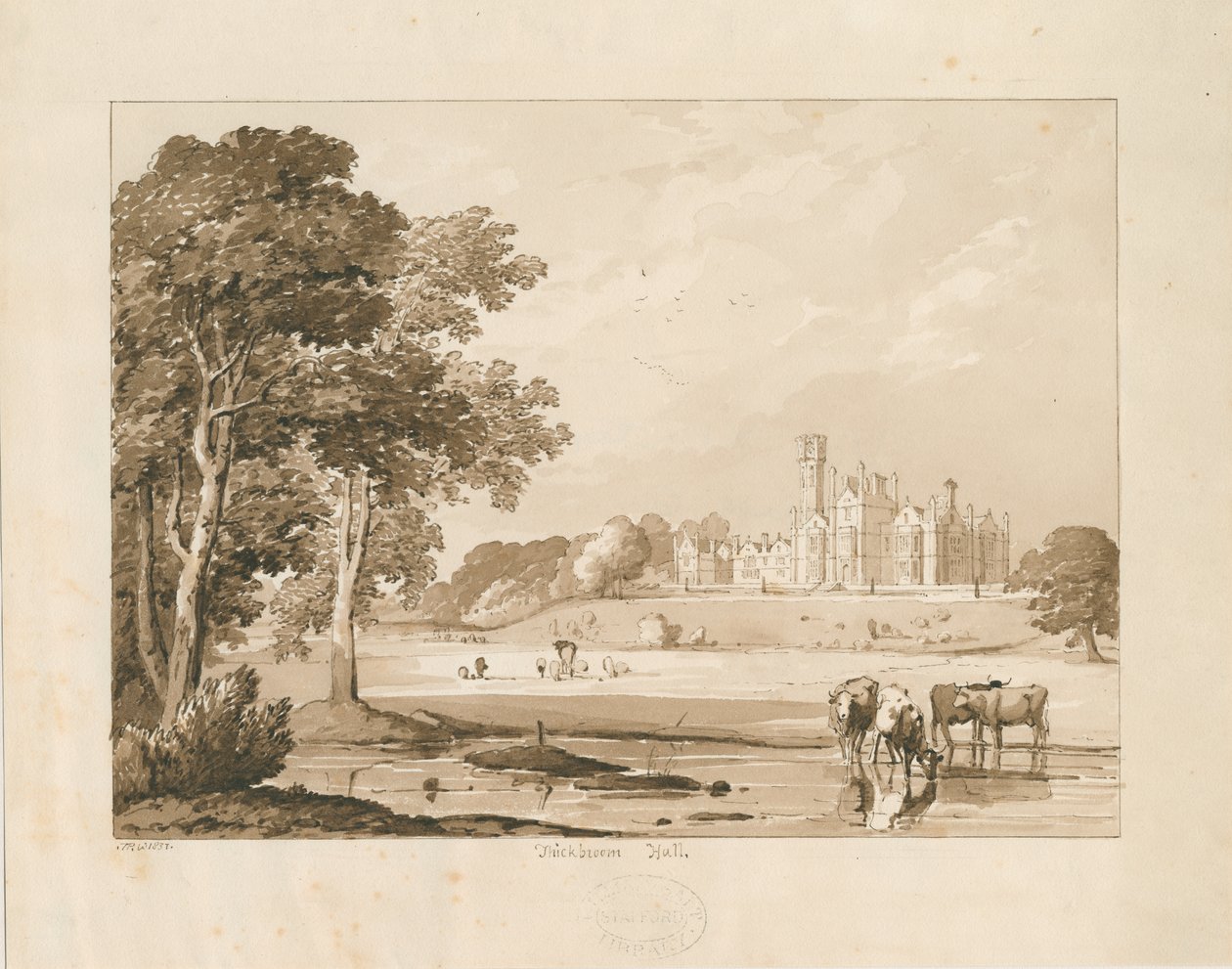 "Thickbroom Hall" [Manley Hall]: sepiatvättteckning, 1837 av Thomas Peploe Wood