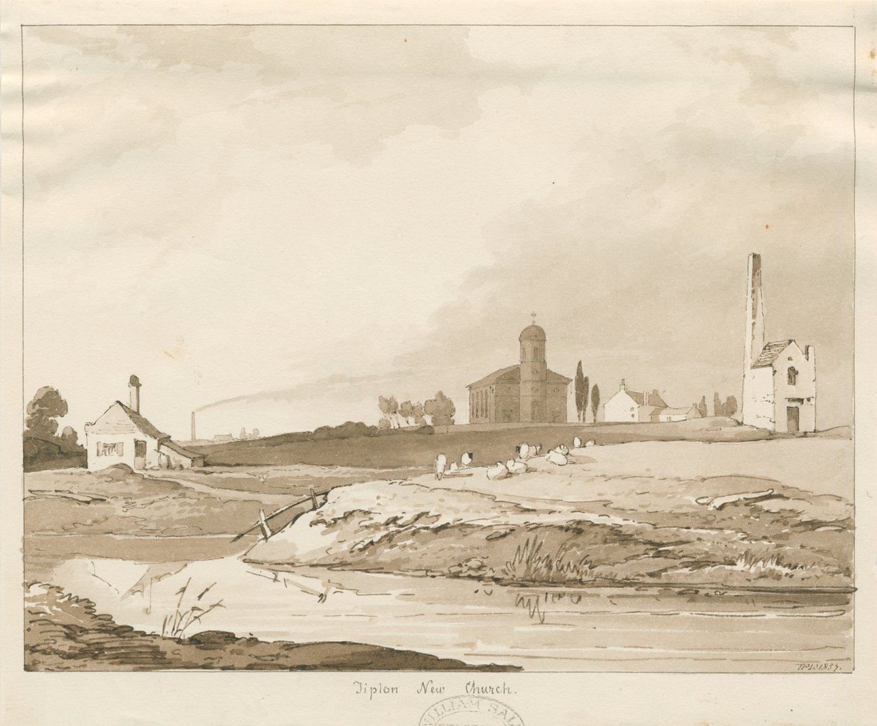 Tipton New Church: sepiatvättteckning av Thomas Peploe Wood