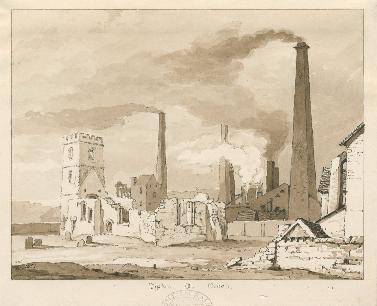 Tipton Old Church: sepiatvättteckning, 1837 av Thomas Peploe Wood