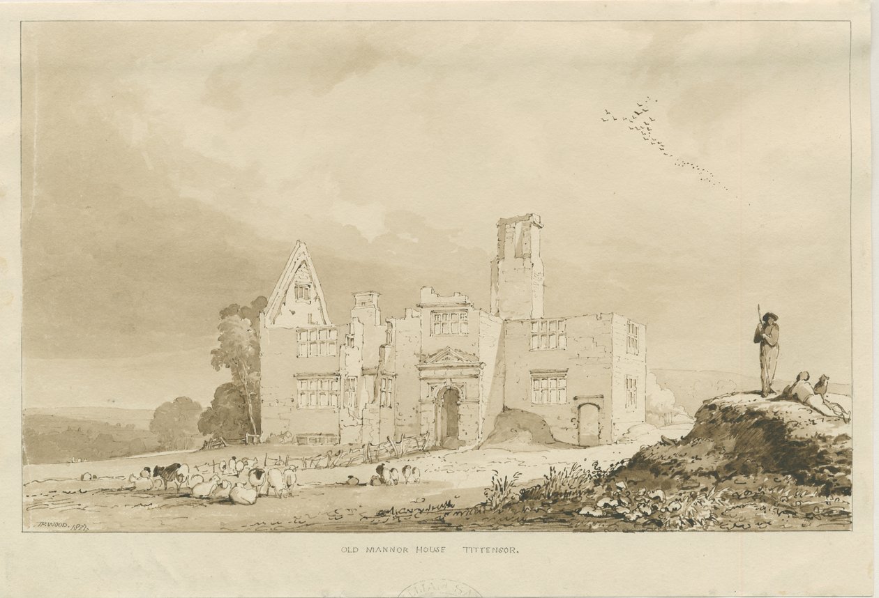 Tittensor - Old Manor House: sepiatvättteckning, 1837 av Thomas Peploe Wood