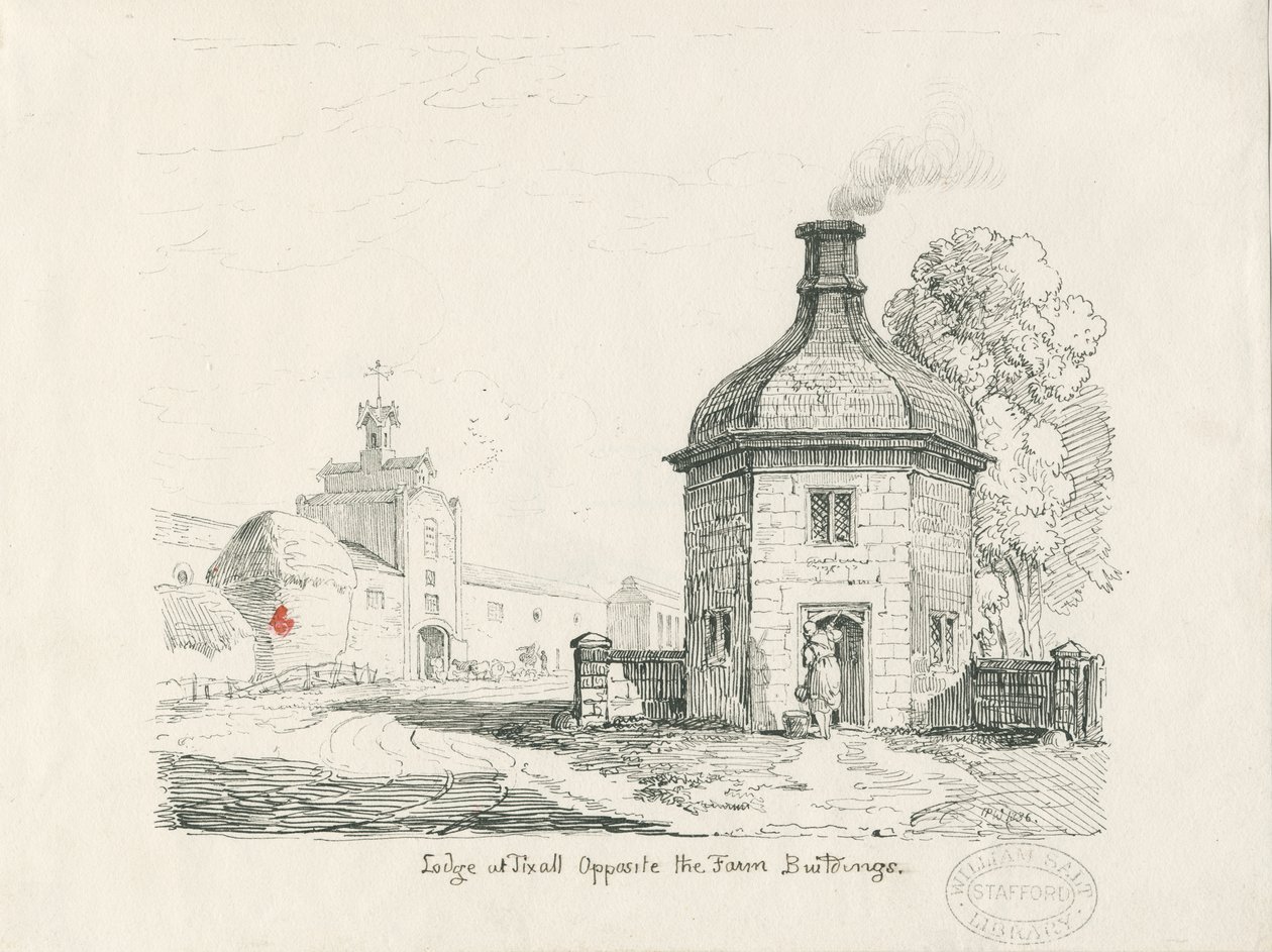 Tixall - Lodge: ritning med penna och bläck av Thomas Peploe Wood