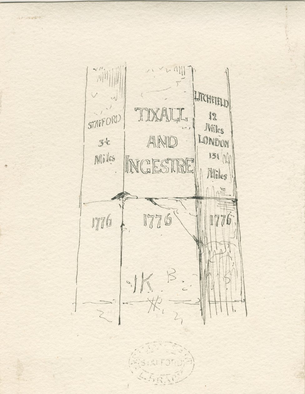 Tixall - Stenpelare som visar körsträcka: ritning med penna och bläck, nd [mitten av 1800-talet] (ritning) av Thomas Peploe Wood