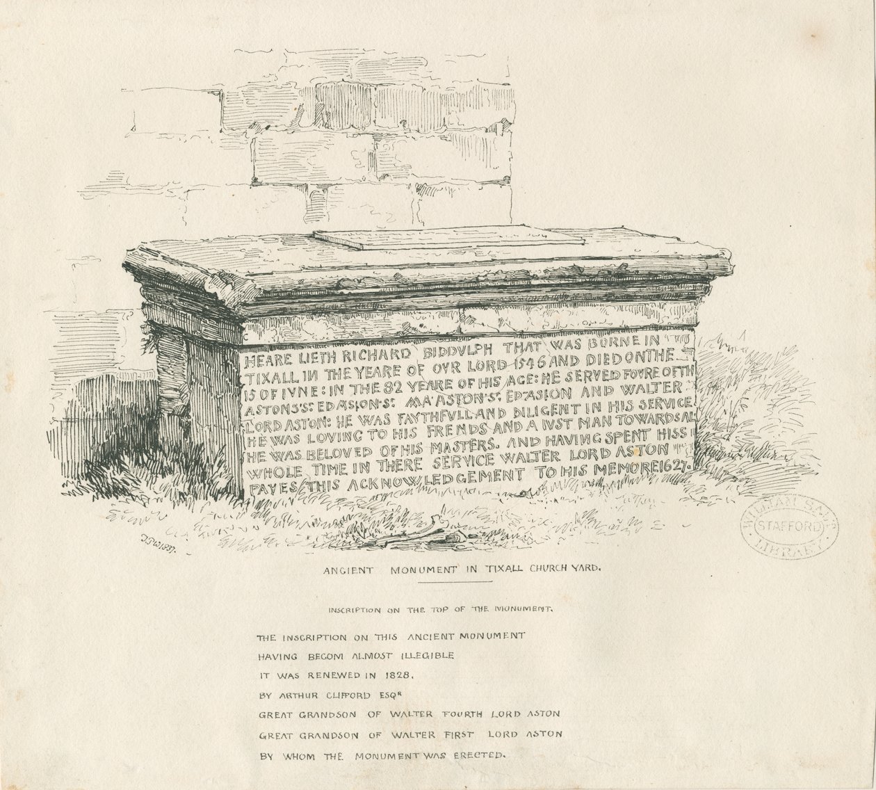Tixall Church Yard - Table Tomb: penna och bläckritning av Thomas Peploe Wood