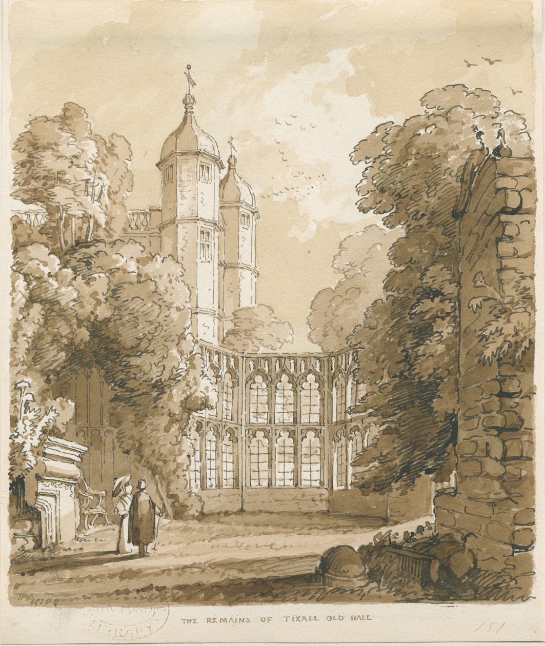 Tixall Hall: ritning med penna och tvätt, 1838 av Thomas Peploe Wood