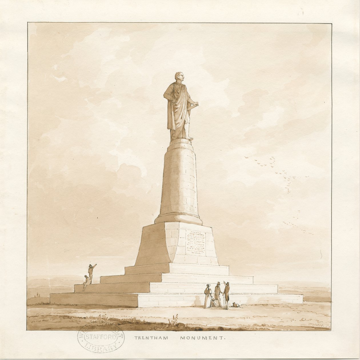 Trentham - Monument till hertigen av Sutherland: ritning med penna och tvätt, 1838 av Thomas Peploe Wood