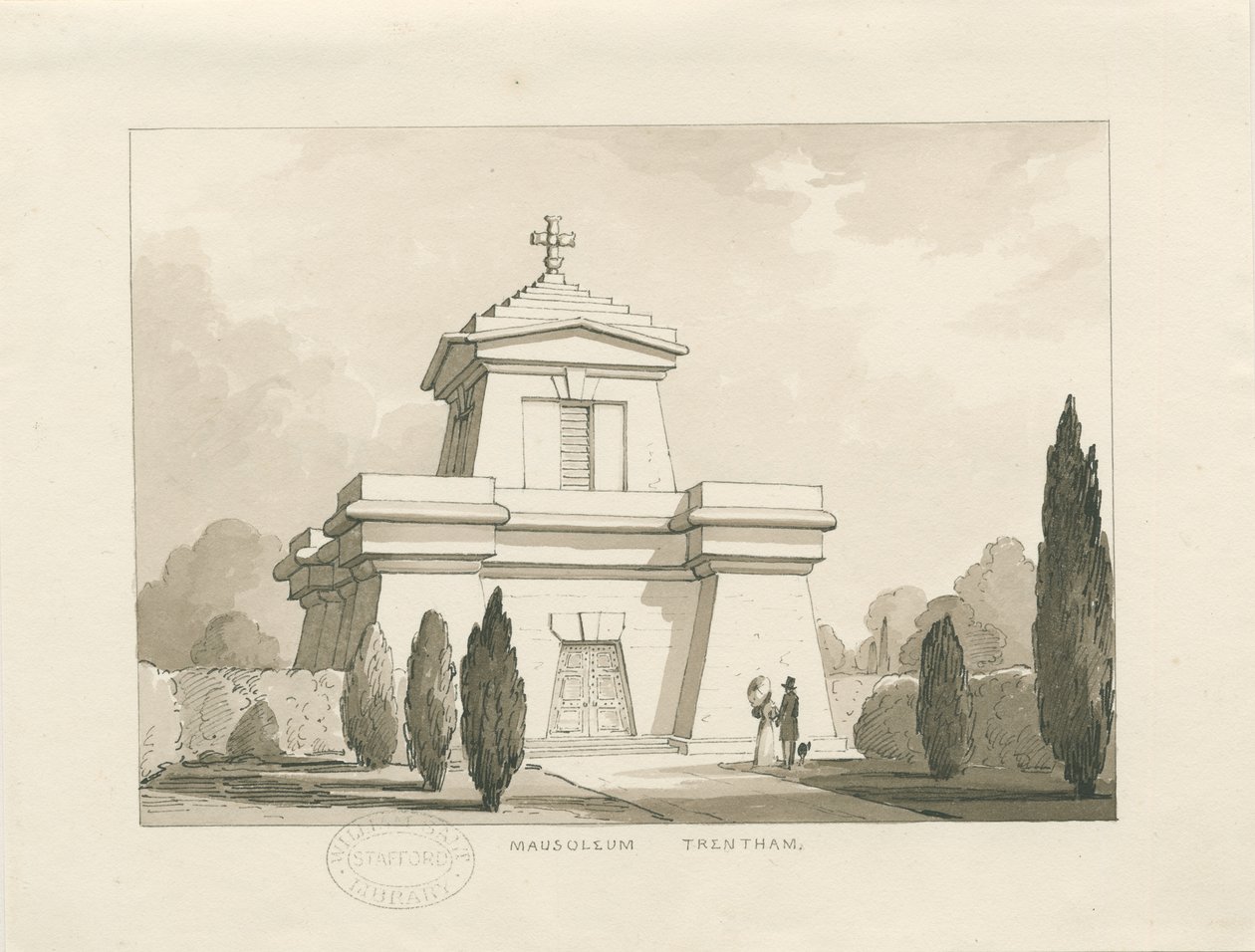 Trentham - Mausoleet: ritning med penna och tvätt, nd [?1838] (teckning) av Thomas Peploe Wood
