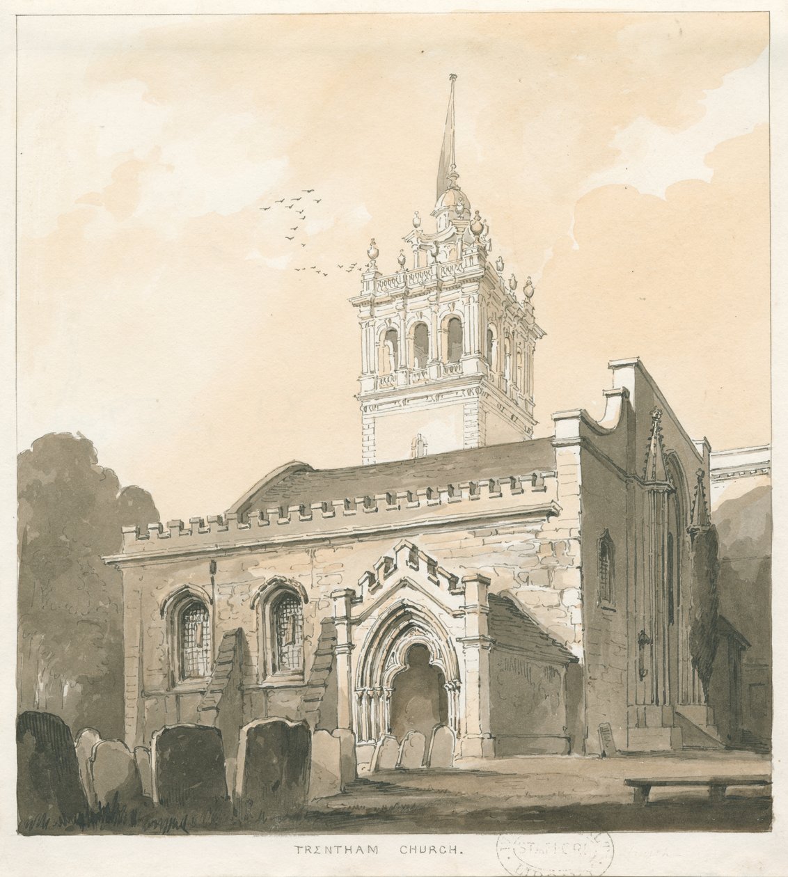 Trentham Church: sepia och gul tvättteckning, nd [?1838] av Thomas Peploe Wood