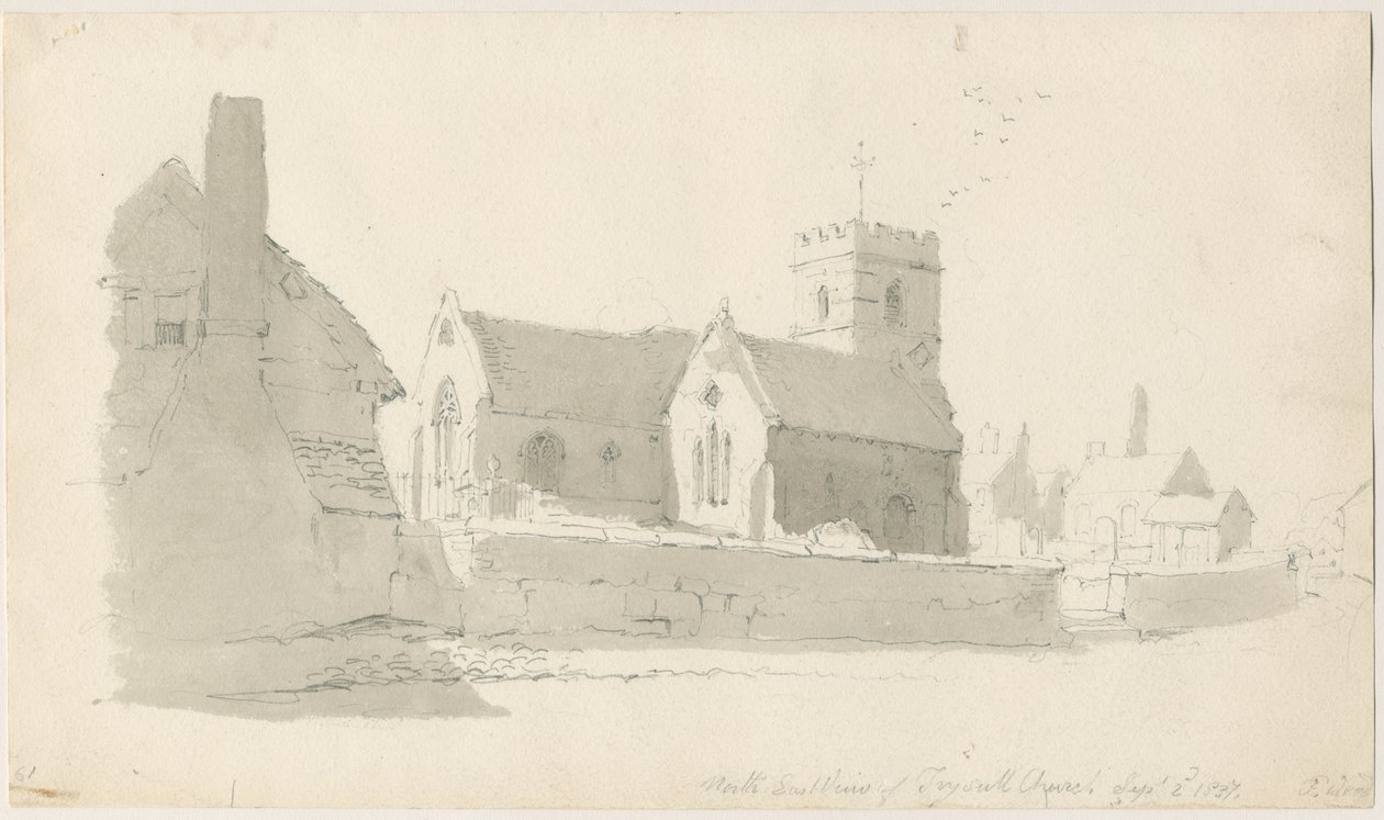 Trysulls kyrka: blyertsteckning, 2 sep 1837 (ritning) av Thomas Peploe Wood