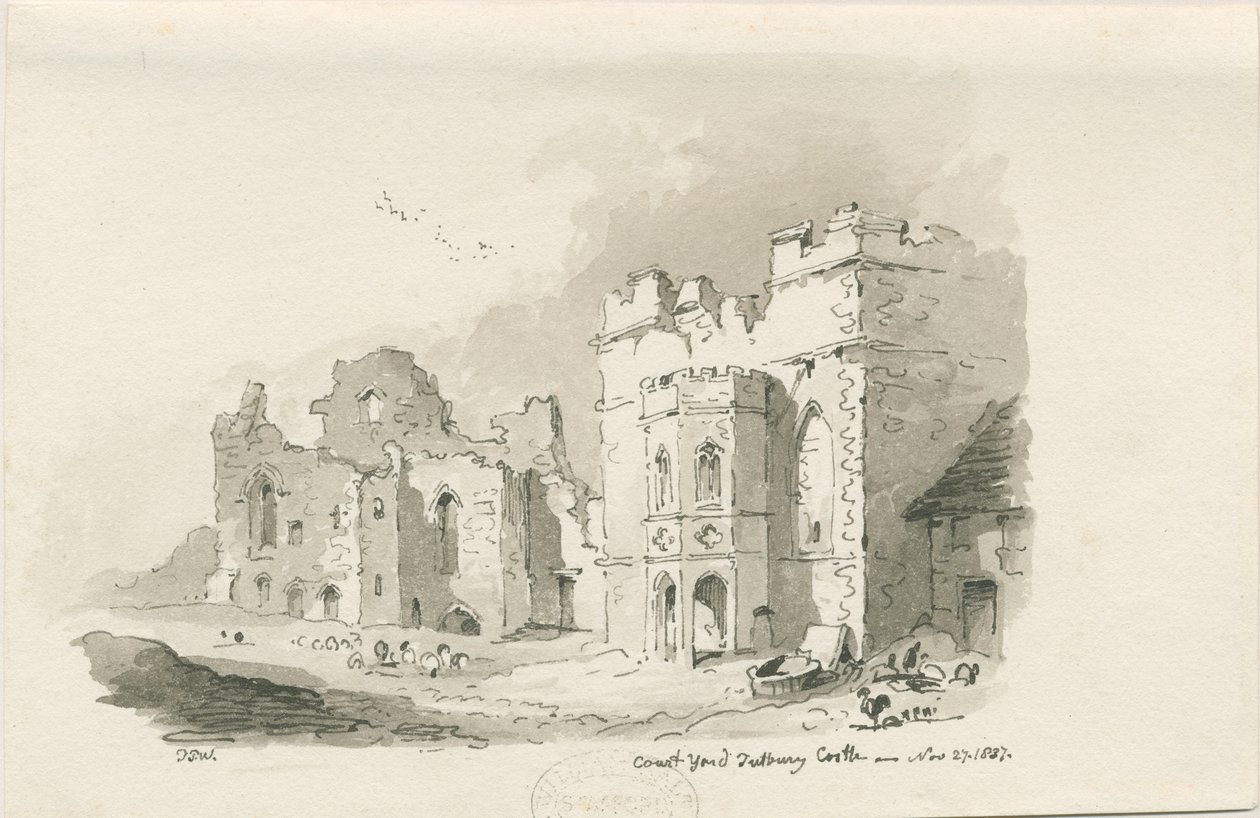 Tutbury Castle - Court Yard: ritning med penna och tvätt, 27 november 1837 av Thomas Peploe Wood