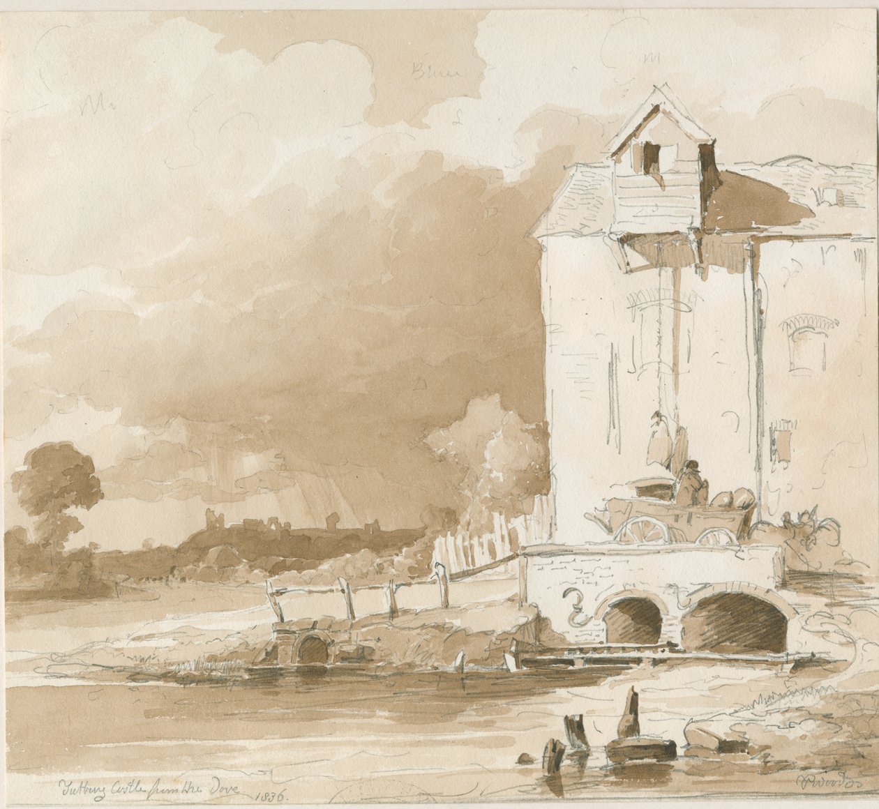 Tutbury Castle: Avlägsen utsikt från River Dove: ritning med blyerts och tvätt, 1836 av Thomas Peploe Wood