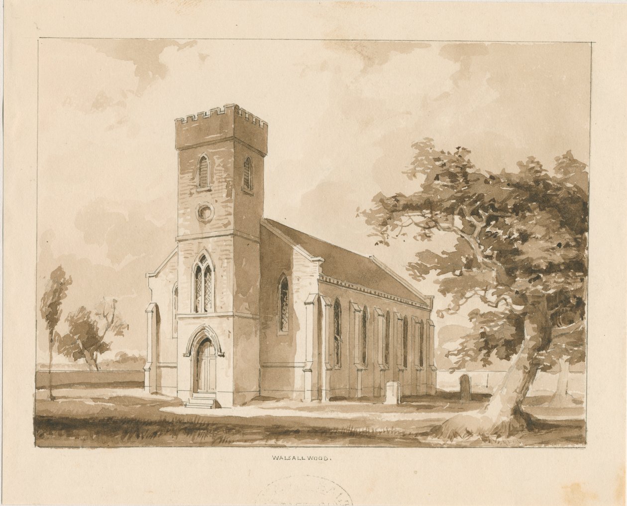 Walsall Wood Church: sepiateckning, nd [1817-1845] (ritning) av Thomas Peploe Wood