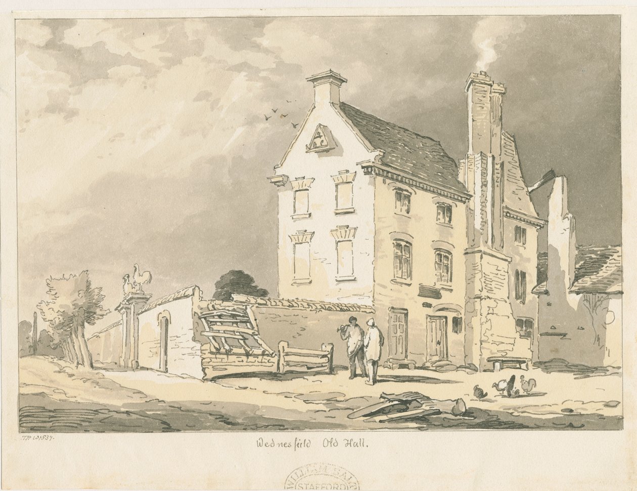 Wednesfield - "Old Hall": sepia-, penn- och nyansteckning, 1837 av Thomas Peploe Wood