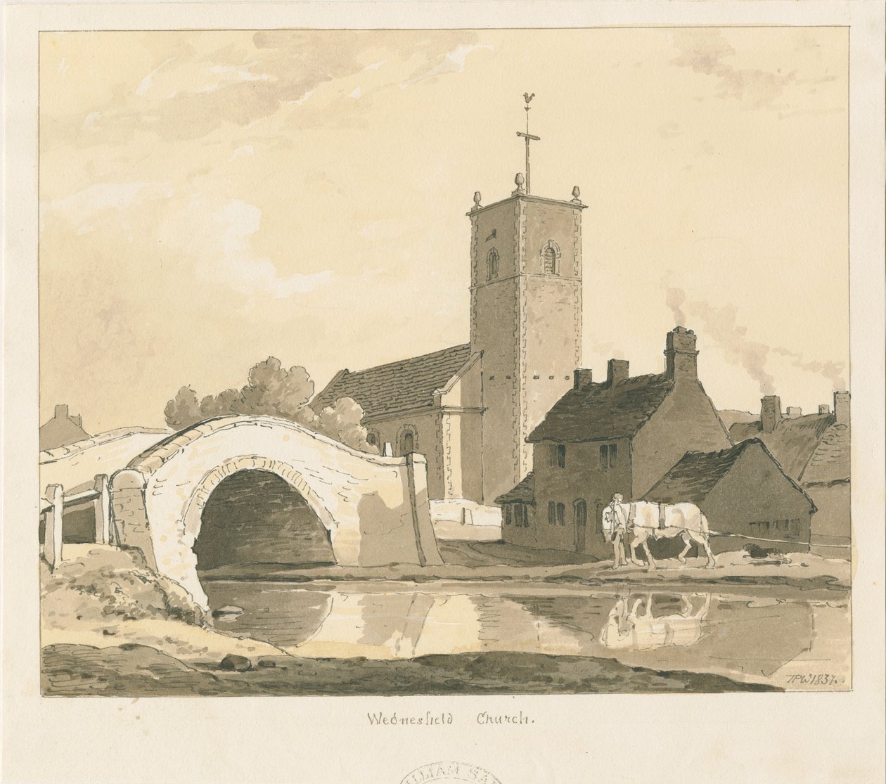 Wednesfield Church and Bridge: sepiateckning, 1837 av Thomas Peploe Wood