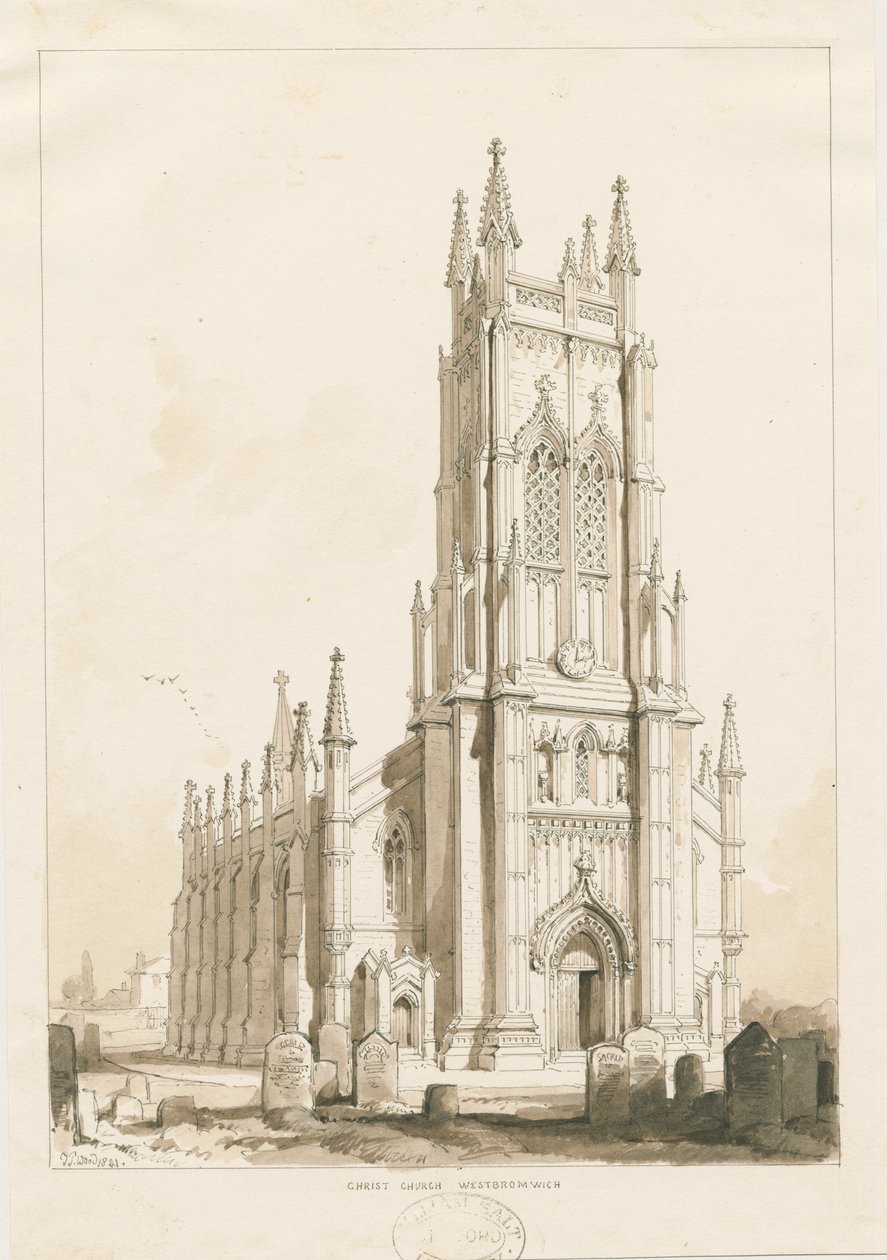 West Bromwich Church - "Christ Church": sepiateckning av Thomas Peploe Wood