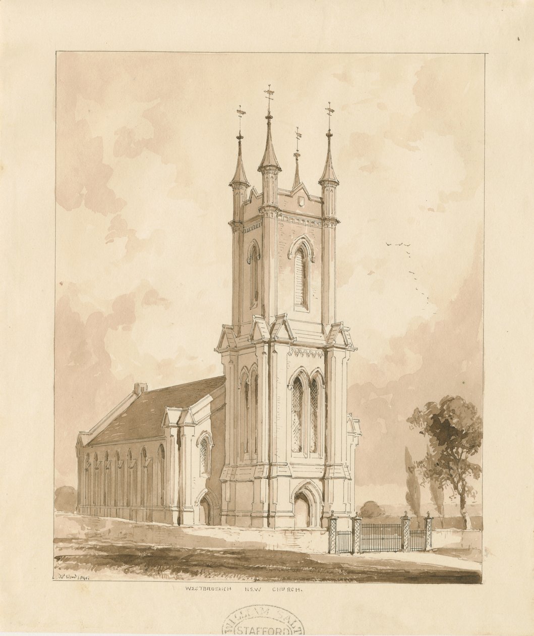 West Bromwich Church [New]: sepiafärgad ritning av Thomas Peploe Wood
