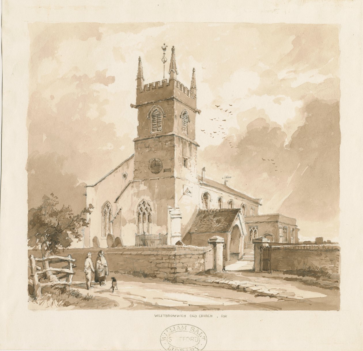 West Bromwich Church ["Old"]: ritning med blyerts och tvätt, nd [1841, jfr XII.16b och WSL, D1986/3] av Thomas Peploe Wood
