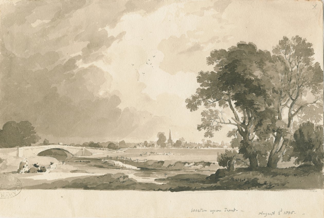 Weston-on-Trent - Distant View: sepia- och blyertstvättteckning, 2 augusti 1838 av Thomas Peploe Wood