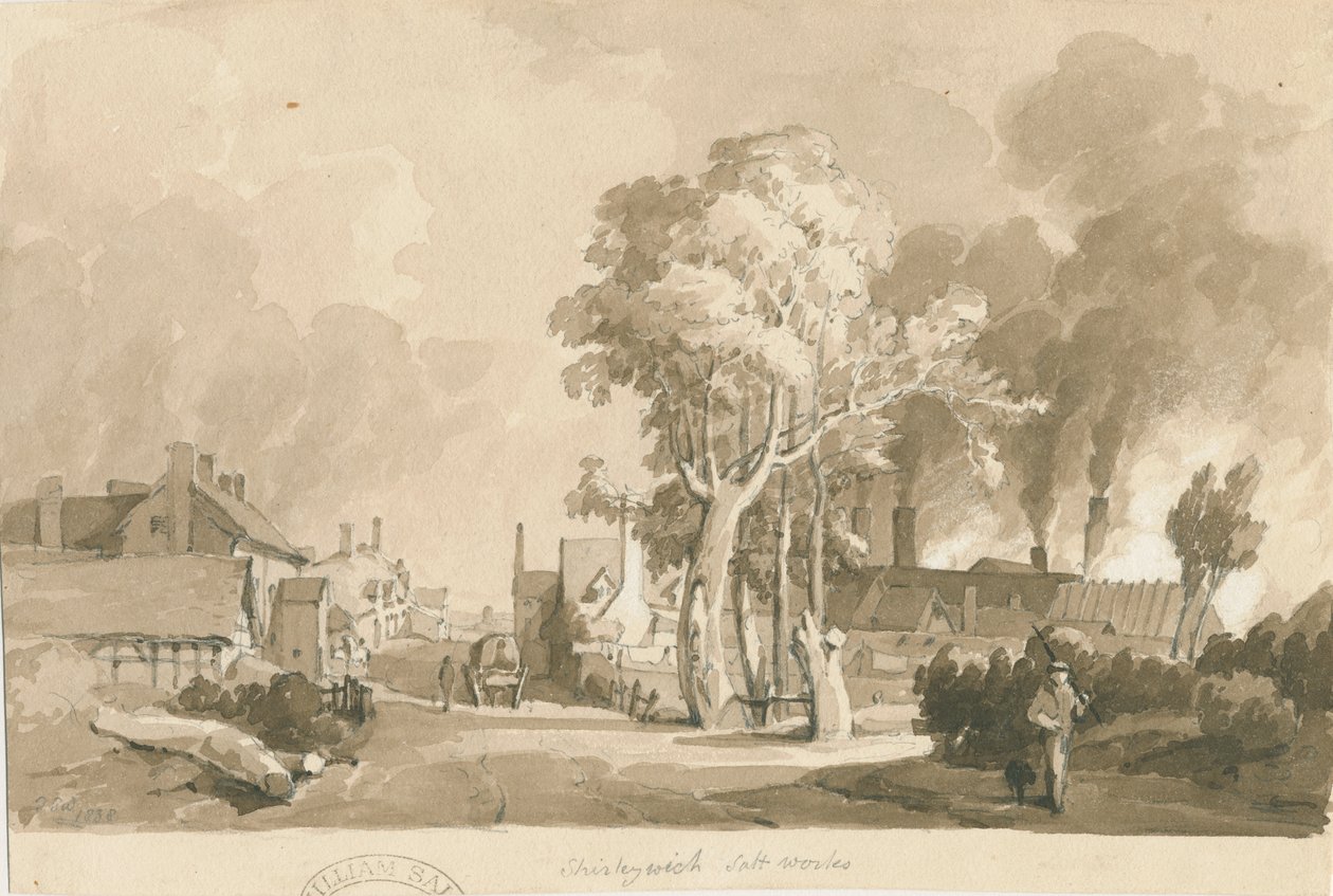 Weston-on-Trent - Shirleywich Saltworks: sepiatvättteckning, 1838 av Thomas Peploe Wood