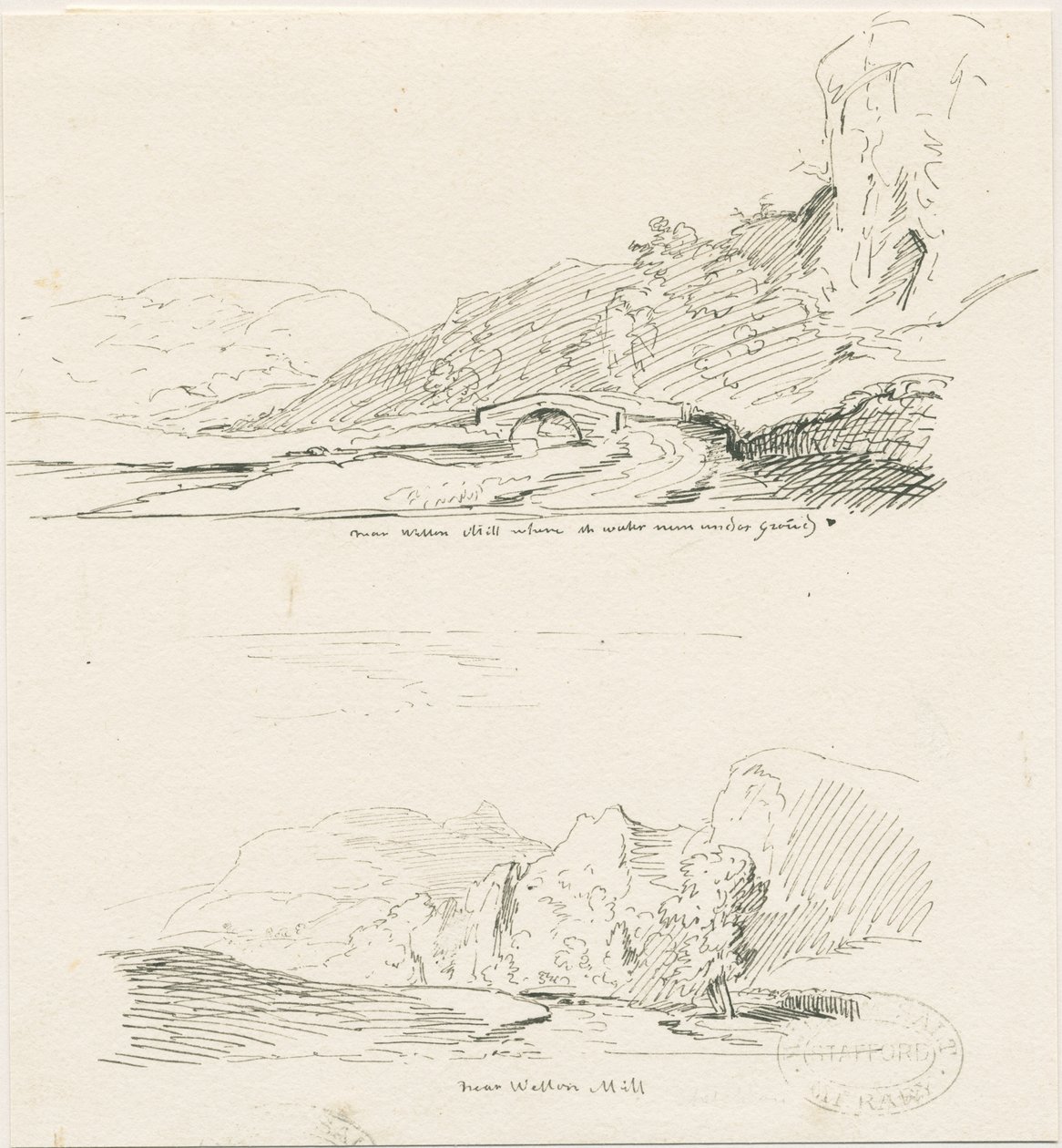 Wetton Mill: ritning med penna och bläck, nd [1817-1845] av Thomas Peploe Wood