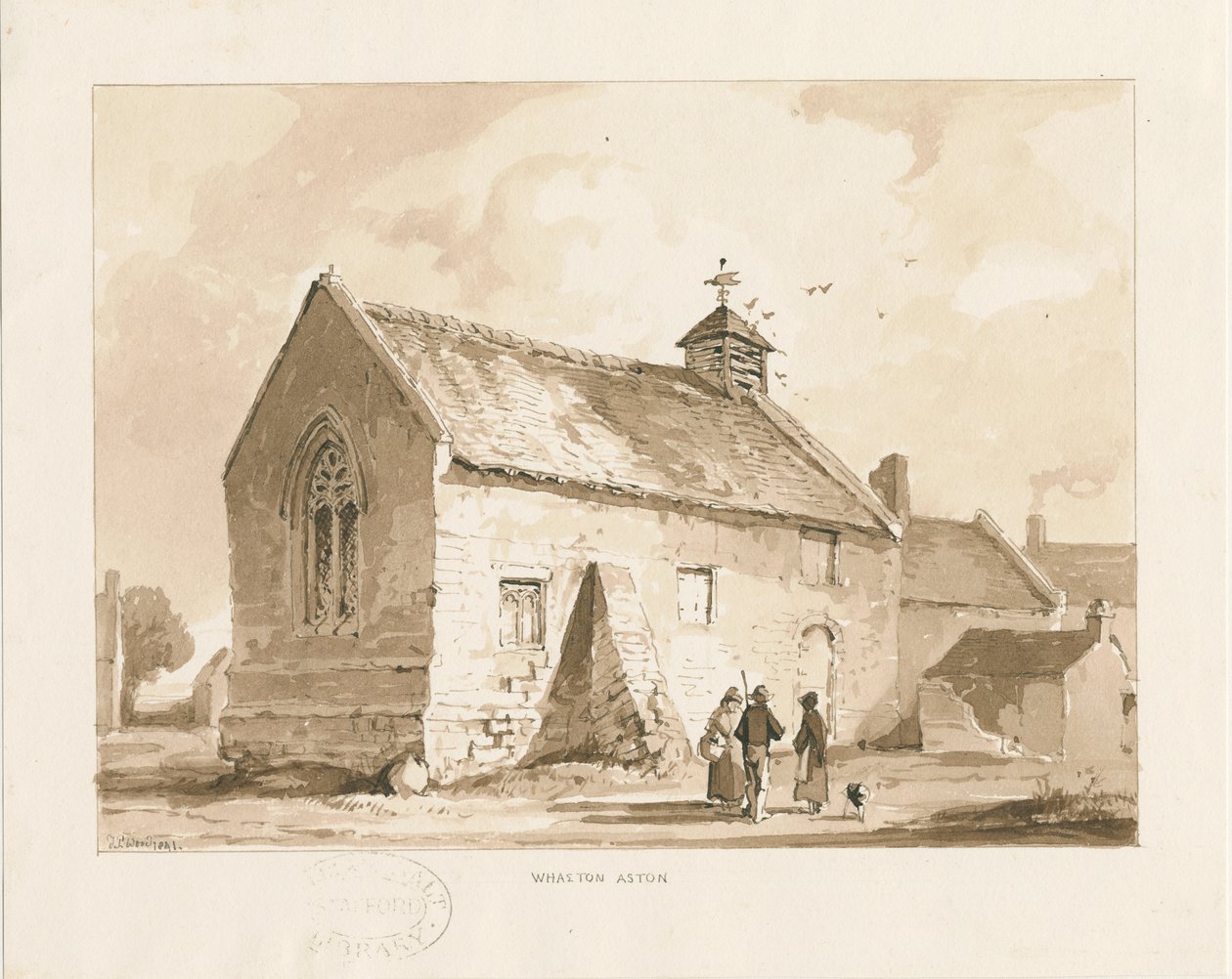 Wheaton Aston Chapel: sepiatvättteckning, 1841 av Thomas Peploe Wood