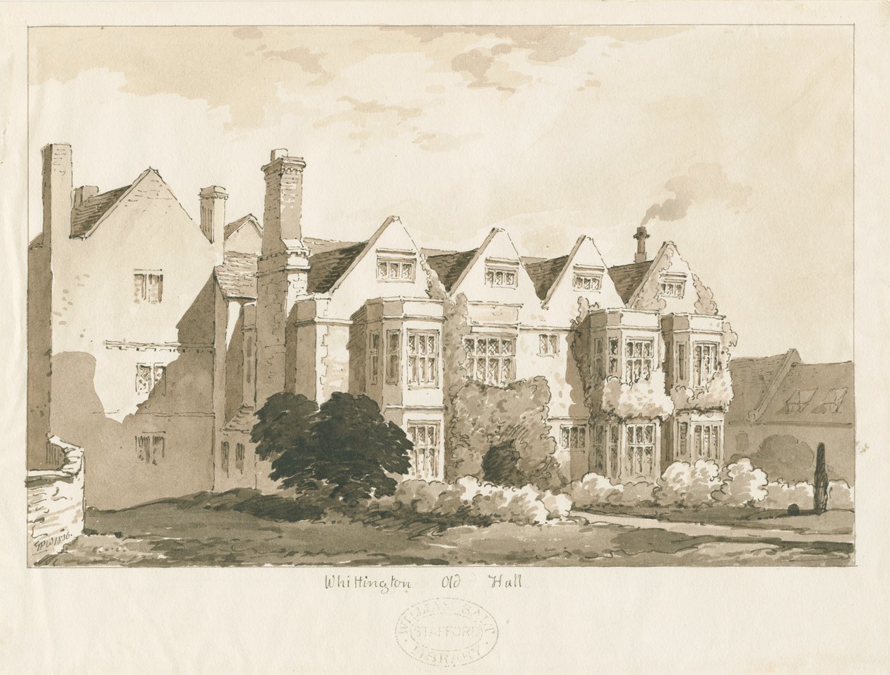 Whittington Hall: ritning med penna och tvätt, 1836 av Thomas Peploe Wood