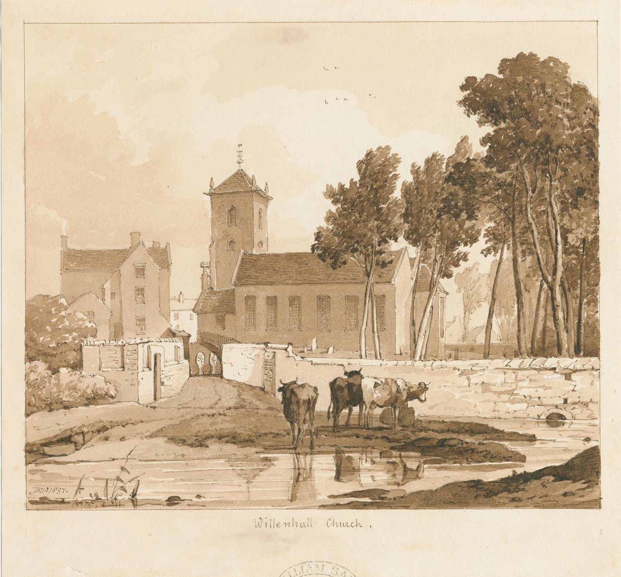 Willenhall Church: sepiateckning, 1837 av Thomas Peploe Wood