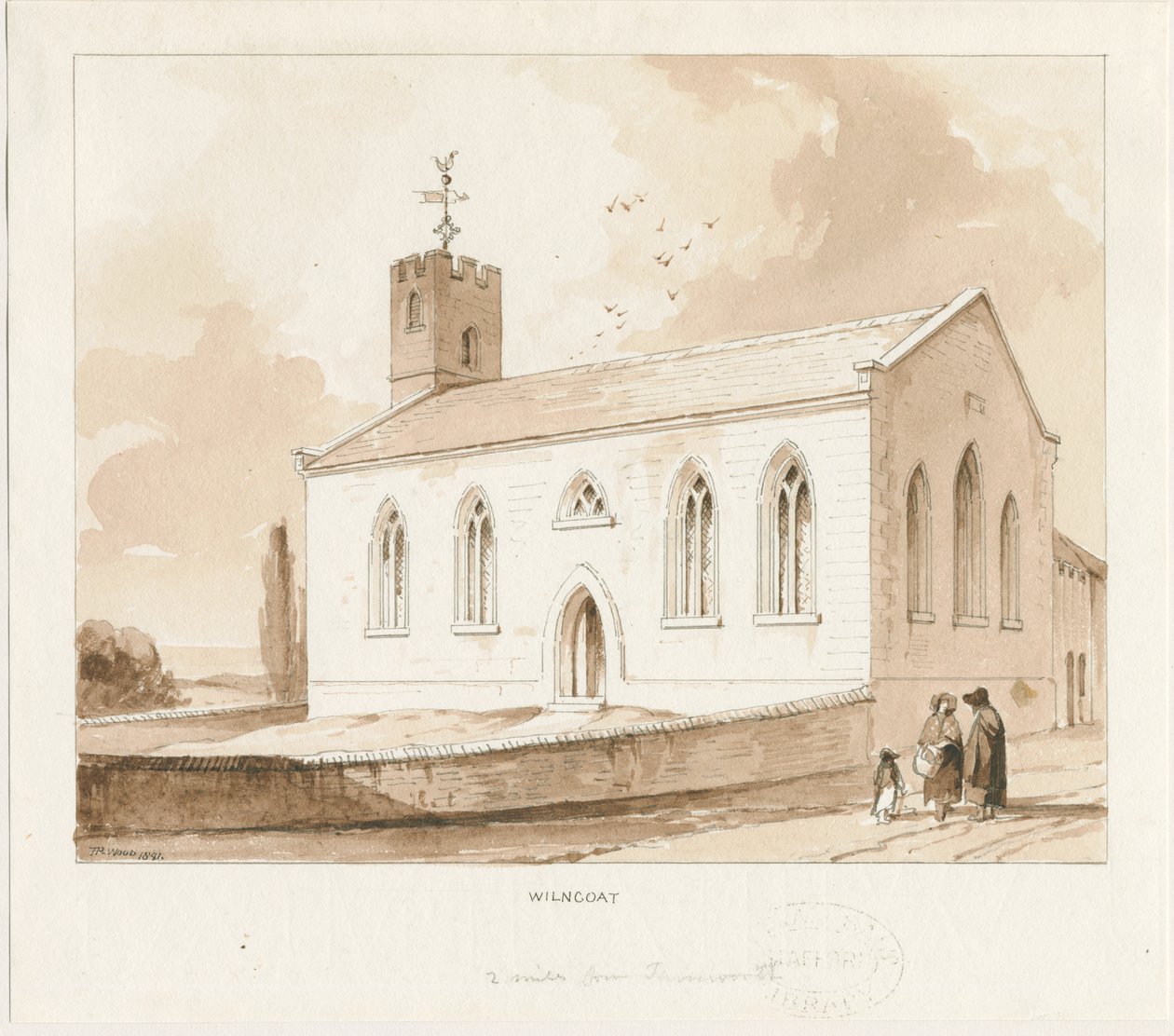 Wilnecote kyrka: sepia tvätt ritning av Thomas Peploe Wood