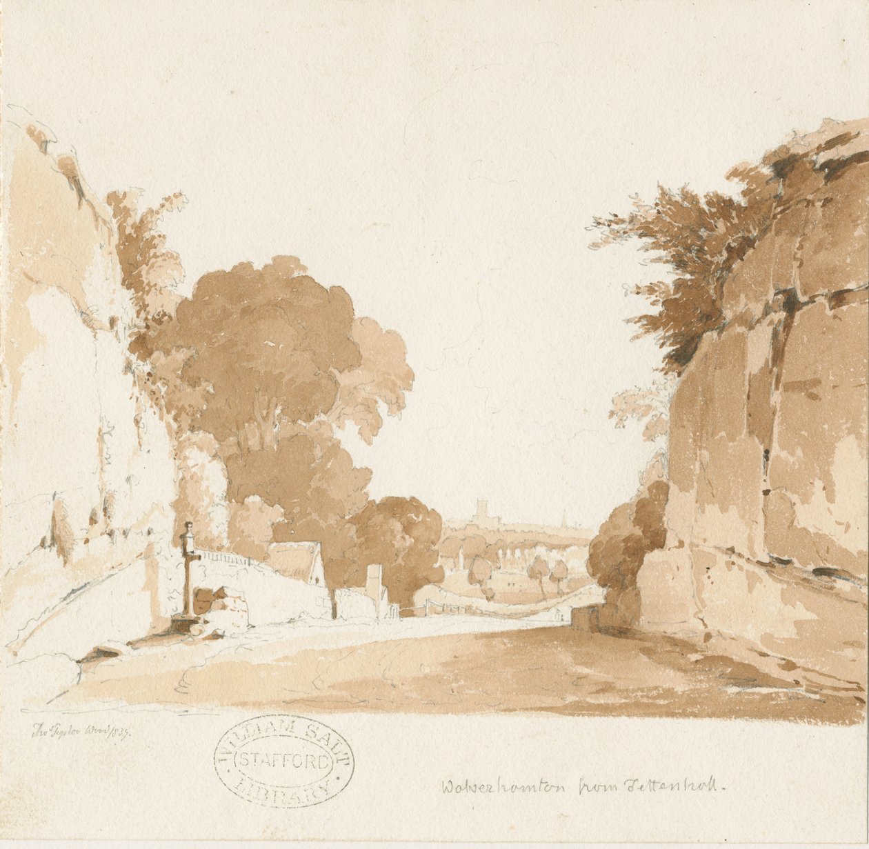 Wolverhampton - Avlägsen vy från Tettenhall: sepiateckning, 1837 av Thomas Peploe Wood