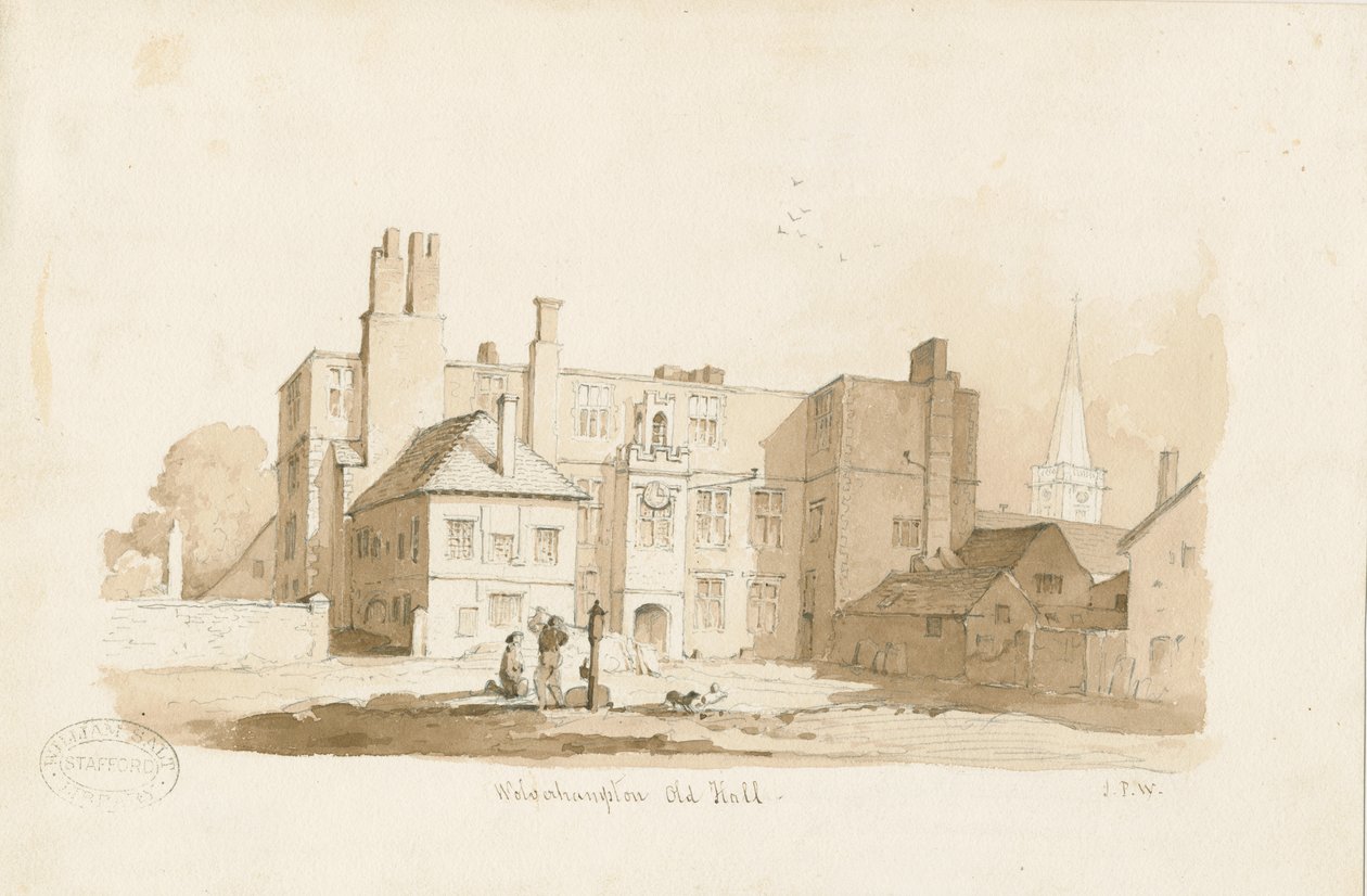 Wolverhampton - The Old Hall: sepiateckning, nd [c 1838] (ritning) av Thomas Peploe Wood