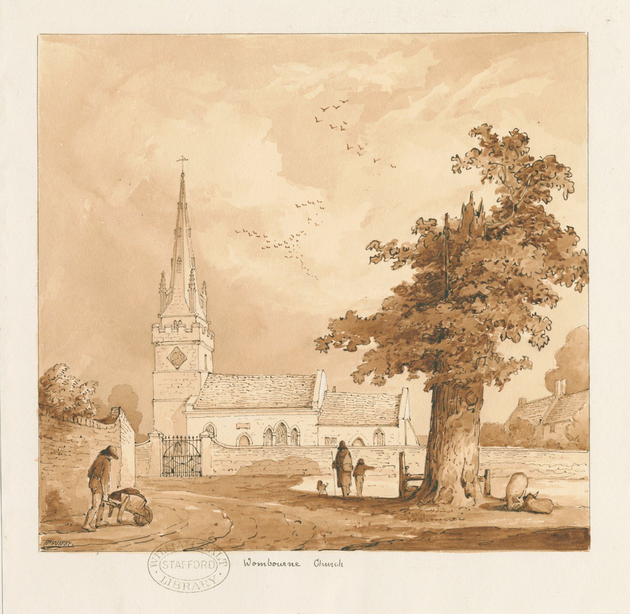 Wombourne Church: sepiateckning av Thomas Peploe Wood