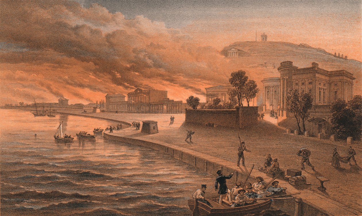 Bränning av regeringsbyggnaderna i Kertch, 9 juni 1855, 1856 av Thomas Picken