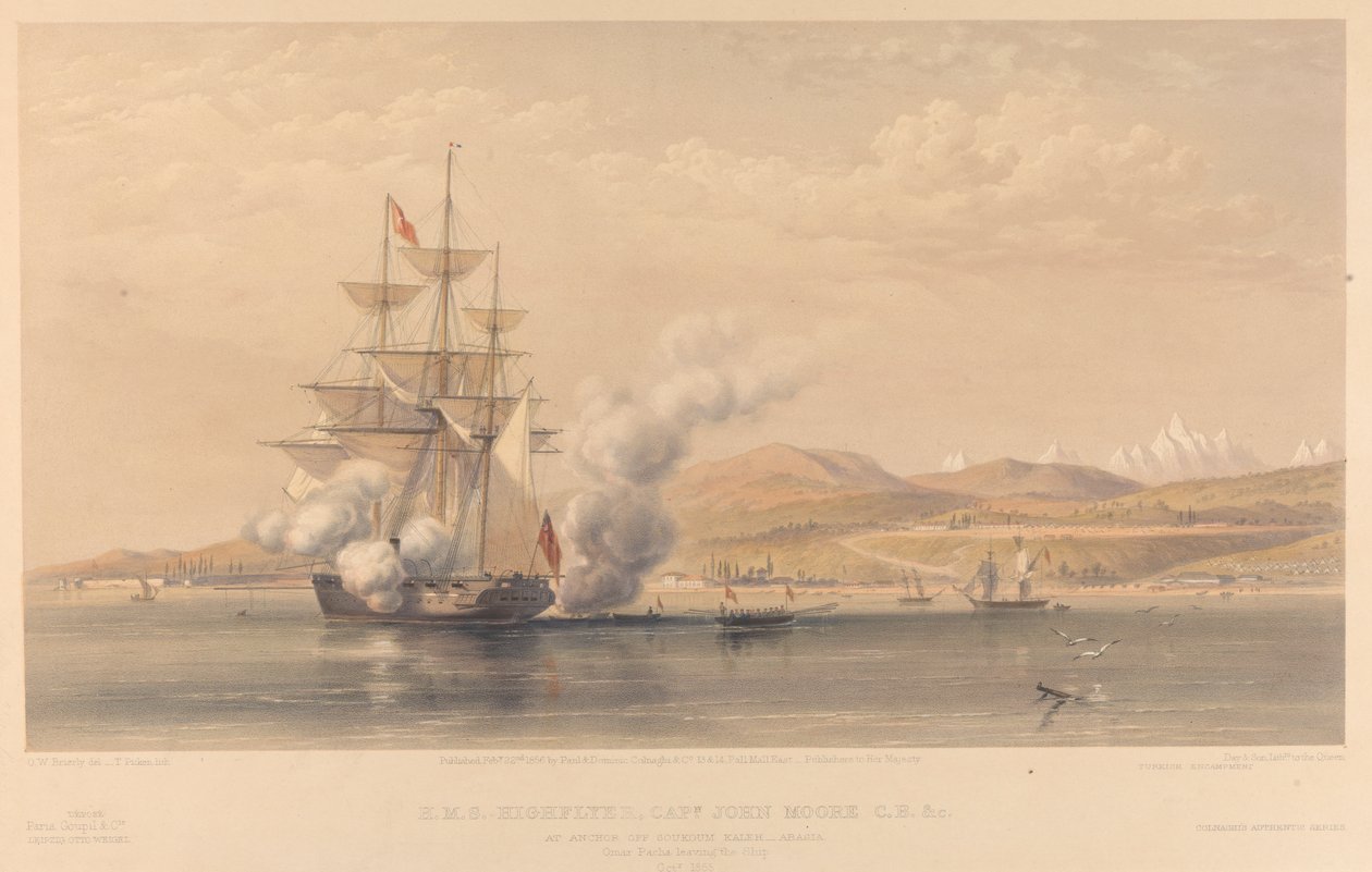 H.M.S. Highflyer Kapten John Moore C.B. c. för ankar utanför Soukoum Kaleh-Abasia, Omar Pasha lämnar fartyget, oktober 1855 av Thomas Picken