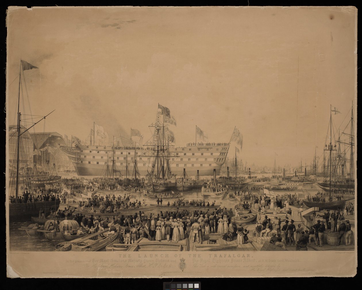 Sjösättningen av Trafalgar, i närvaro av Hennes Nådige Majestät Drottning Victoria och Hans Kungliga Höghet Prins Albert, vid H.M. Dock Yard, Woolwich... av Thomas Picken