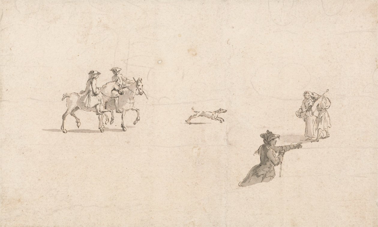 Ryttare, figurer och en hund (penna och bläck på papper) av Thomas Ross