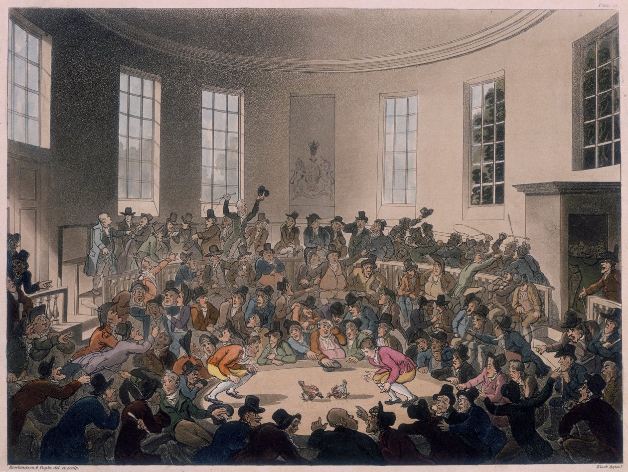 Män som tittar på en tuppfäktning, sent 1700-tidigt 1800-tal av Thomas Rowlandson, Augustus Charles Pugin
