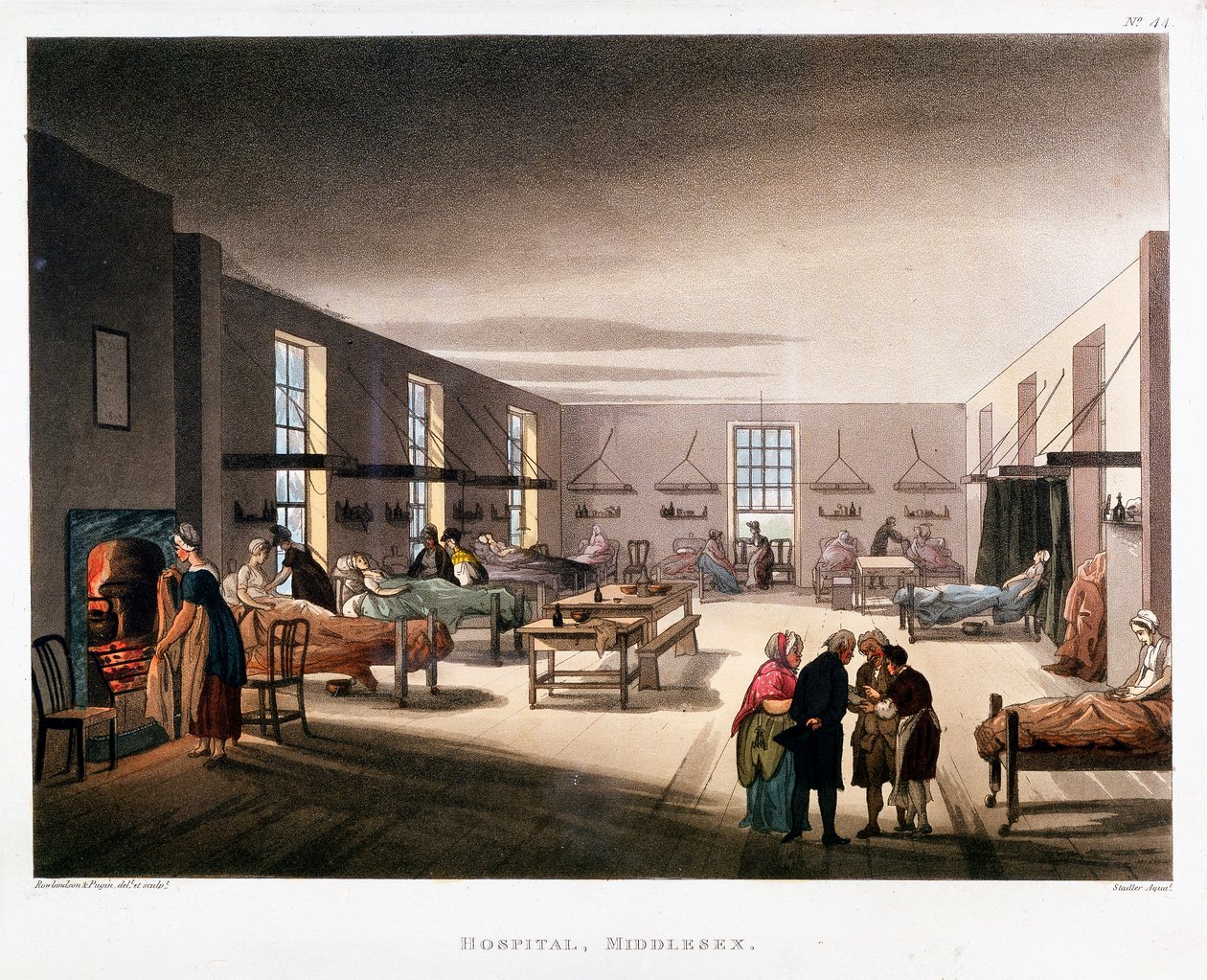 Kvinnoavdelningen på Middlesex Hospital, London, 1808-1811 av Thomas Rowlandson, Augustus Charles Pugin