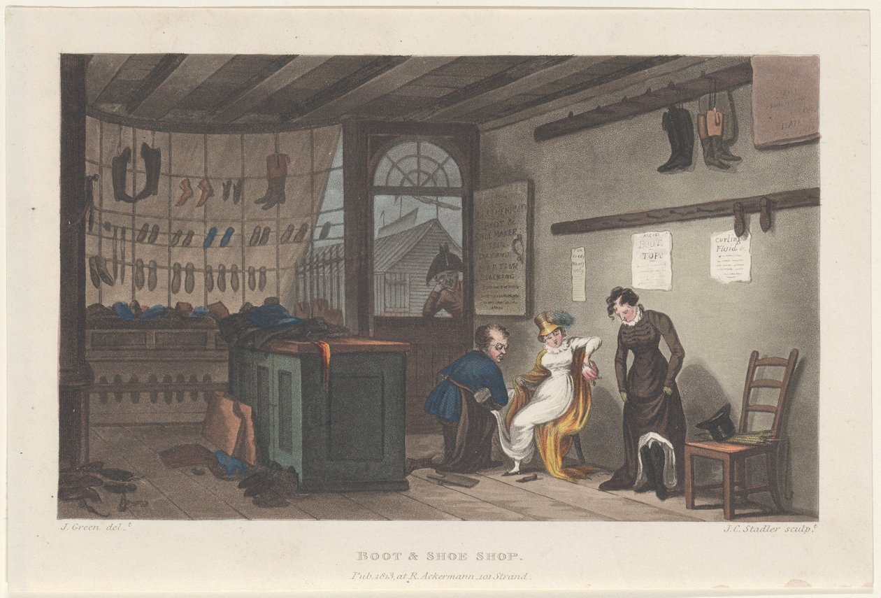 Boot & Shoe Shop, från Poetical Sketches of Scarborough, 1813., 1813. Skapare: Thomas Rowlandson, Joseph Constantine Stadler, J. Bluck. av Thomas Rowlandson, Joseph Constantine Stadler, J. Bluck