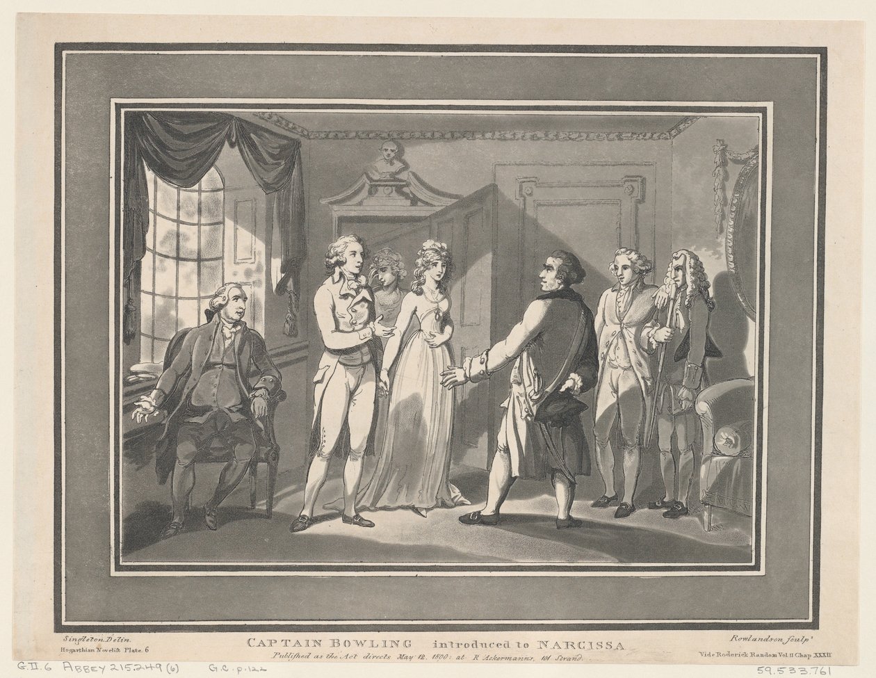 Kapten Bowling introducerad till Narcissa, 12 maj 1800., 12 maj 1800. Skapare: Thomas Rowlandson, Joseph Constantine Stadler. av ThomasThomas Rowlandson, Joseph Constantine Stadler Thomas Rowlandson, Joseph Constantine Stadler
