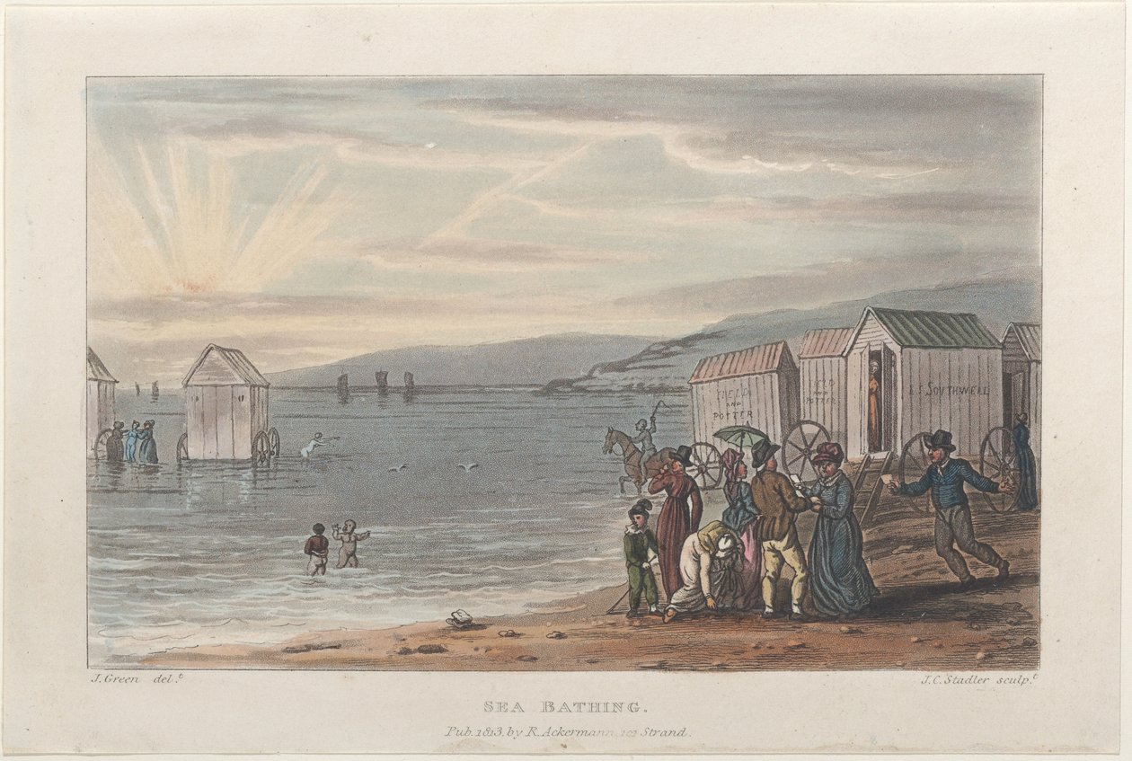 Sea Bathing, från Poetical Sketches of Scarborough, 1813., 1813. Skapare: Thomas Rowlandson, Joseph Constantine Stadler, J. Bluck. av Thomas Rowlandson, Joseph Constantine Stadler, J. Bluck