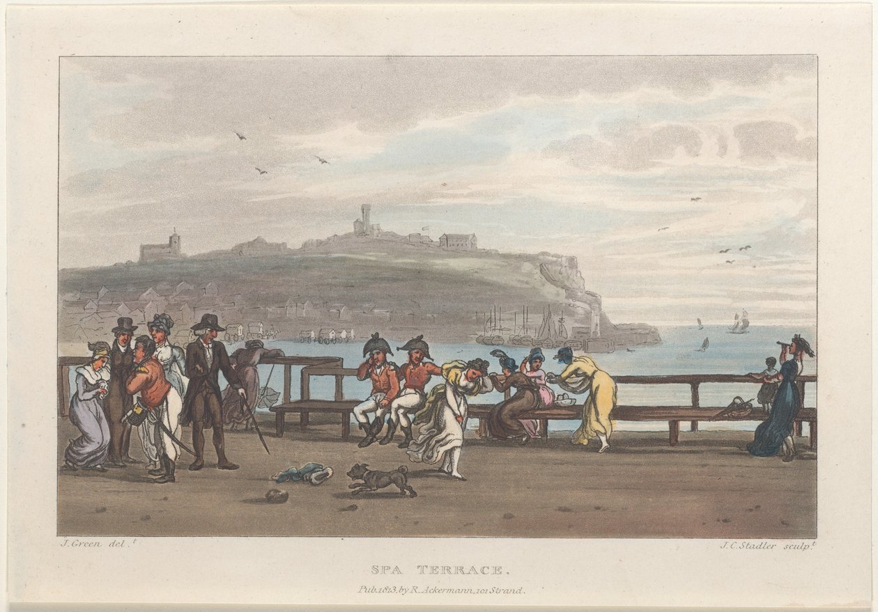 Spa Terrace, från Poetical Sketches of Scarborough, 1813., 1813. Skapare: Thomas Rowlandson, Joseph Constantine Stadler, J. Bluck. av Thomas Rowlandson, Joseph Constantine Stadler, J. Bluck