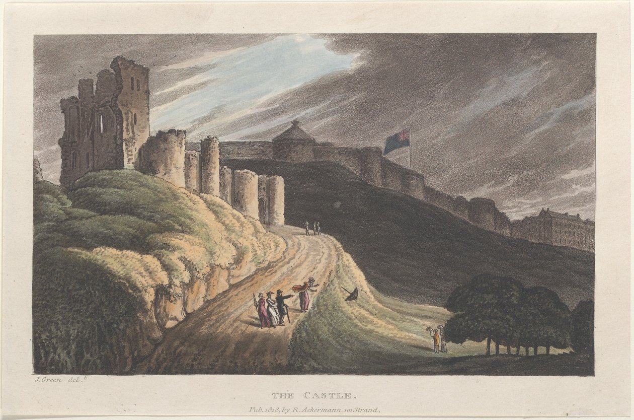 The Castle, från Poetical Sketches of Scarborough, 1813., 1813. Skapare: Thomas Rowlandson, Joseph Constantine Stadler, J. Bluck. av Thomas Rowlandson, Joseph Constantine Stadler, J. Bluck
