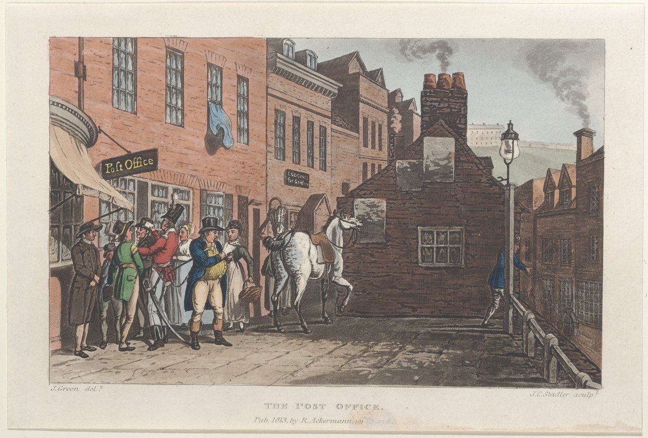 The Post Office, från Poetical Sketches of Scarborough, 1813., 1813. Skapare: Thomas Rowlandson, Joseph Constantine Stadler, J. Bluck. av Thomas Rowlandson, Joseph Constantine Stadler, J. Bluck