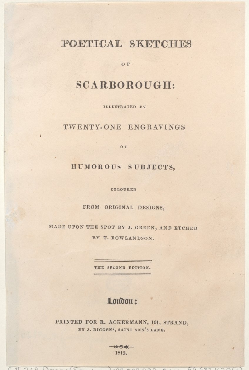 Titelsida, från Poetical Sketches of Scarborough, 1813., 1813. Skapare: Thomas Rowlandson, Joseph Constantine Stadler, J. Bluck. av Thomas Rowlandson, Joseph Constantine Stadler, J. Bluck
