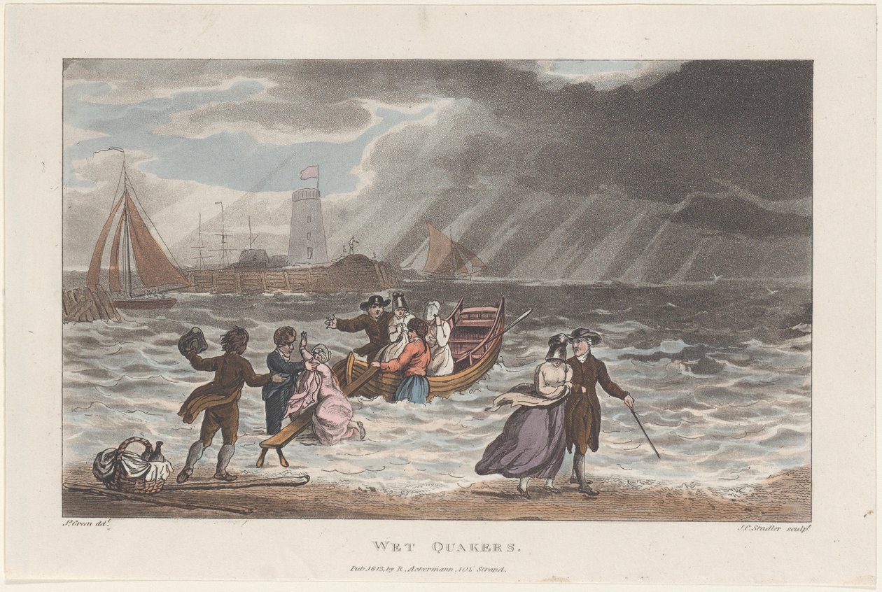 Wet Quakers, från Poetical Sketches of Scarborough, 1813., 1813. Skapare: Thomas Rowlandson, Joseph Constantine Stadler, J. Bluck. av Thomas Rowlandson, Joseph Constantine Stadler, J. Bluck
