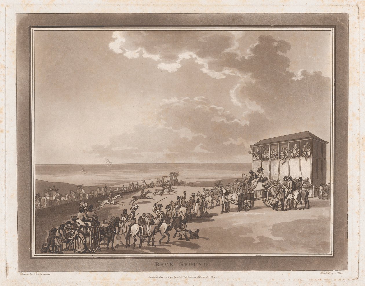 Race Ground An Excursion to Brighthelmstone, 1 juni 1790., 1 juni 1790. Skapare: Thomas Rowlandson, Samuel Alken. av Thomas Rowlandson, Samuel Alken
