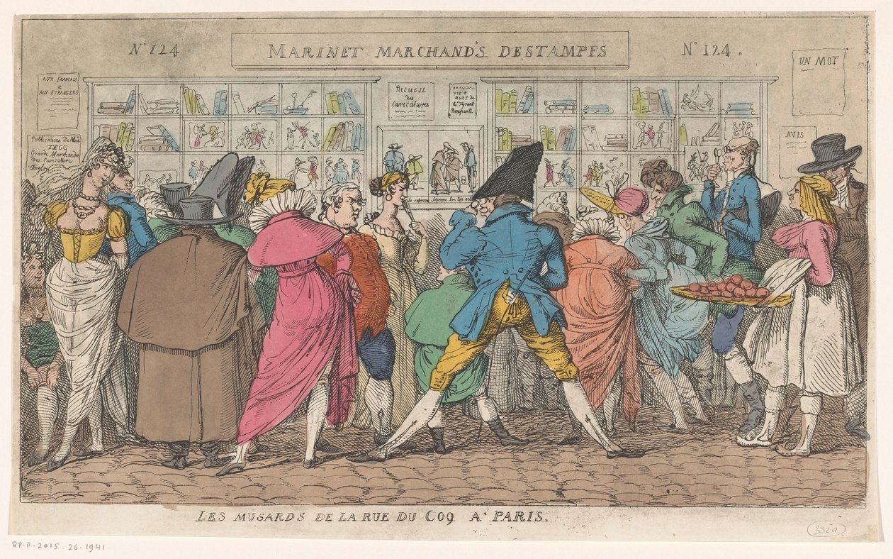 Trängsel framför förläggaren Aaron Martinets fönster i Rue du Coq i Paris Les musards de la rue du Coq a Paris (titel på objekt) av Thomas Rowlandson (attributed to)
