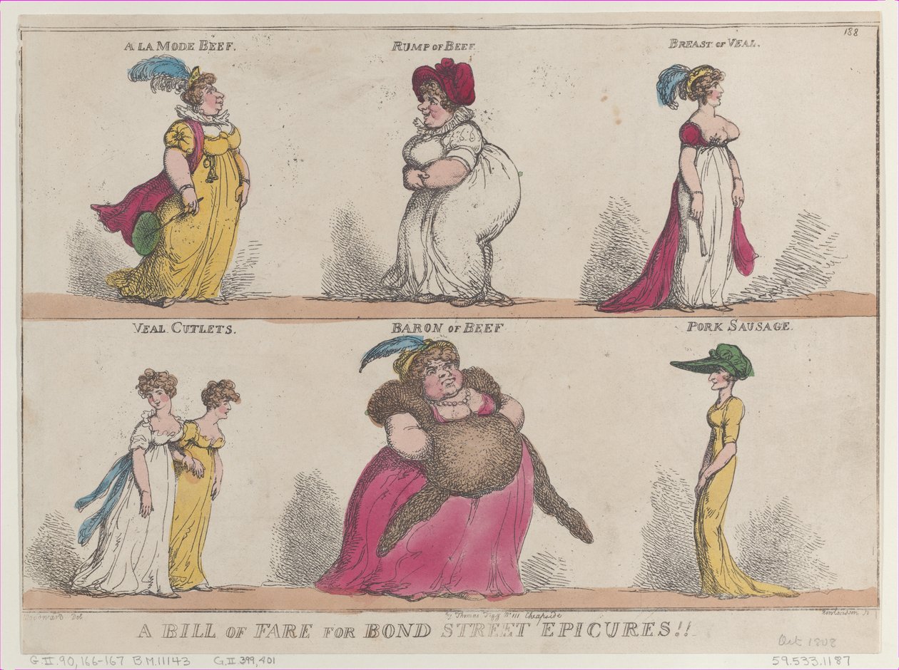 A Bill of Fare for Bond Street Epicures!!, 25 oktober 1808., 25 oktober 1808. av Thomas Rowlandson